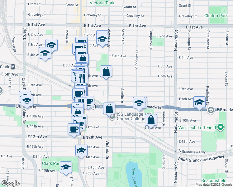 map of restaurants, bars, coffee shops, grocery stores, and more near 1955 East 8th Avenue in Vancouver