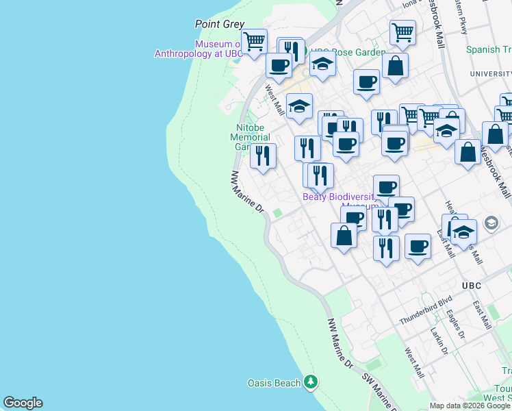 map of restaurants, bars, coffee shops, grocery stores, and more near 6648 Northwest Marine Drive in Vancouver