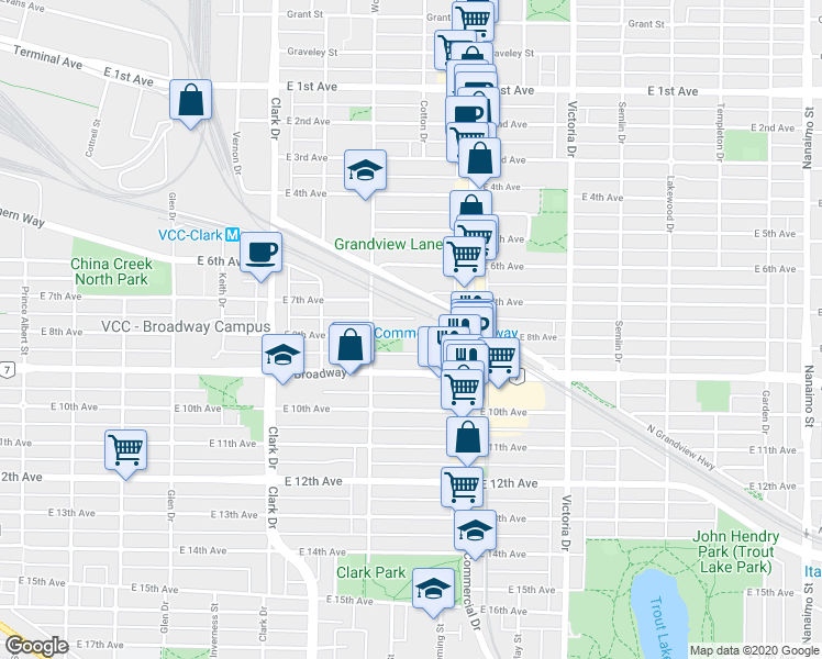 map of restaurants, bars, coffee shops, grocery stores, and more near 1567 East 8th Avenue in Vancouver