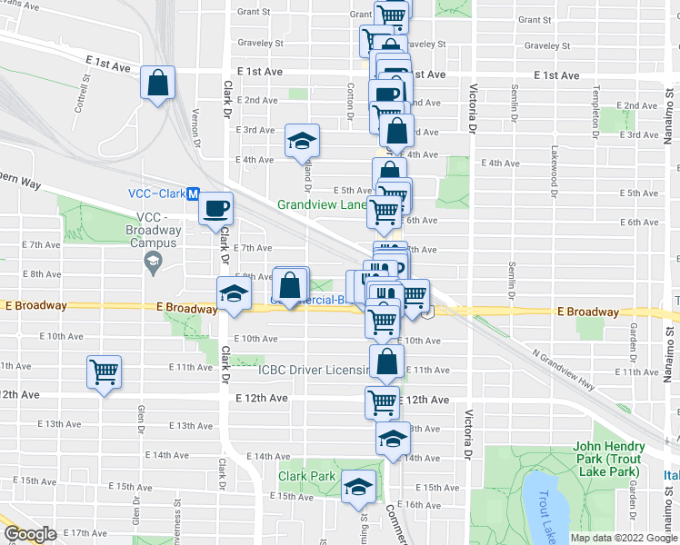 map of restaurants, bars, coffee shops, grocery stores, and more near 1567 East 8th Avenue in Vancouver