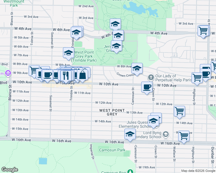 map of restaurants, bars, coffee shops, grocery stores, and more near 4218 West 10th Avenue in Vancouver