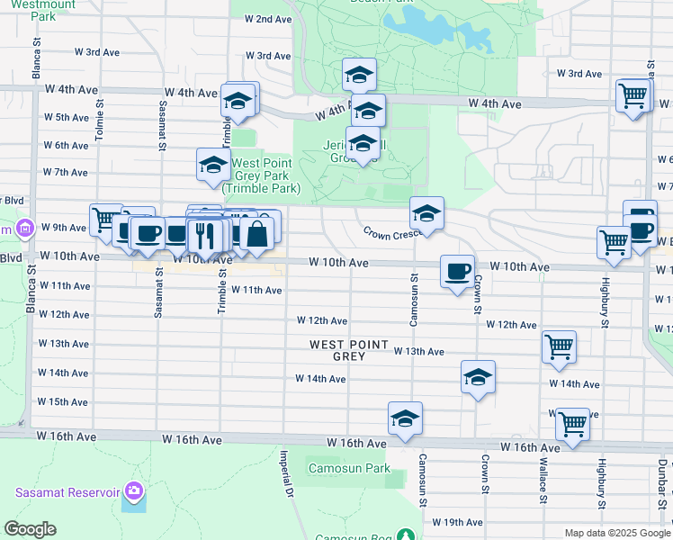 map of restaurants, bars, coffee shops, grocery stores, and more near 4218 West 10th Avenue in Vancouver