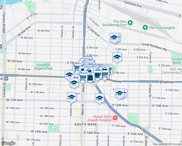 map of restaurants, bars, coffee shops, grocery stores, and more near 288 East 8th Avenue in Vancouver
