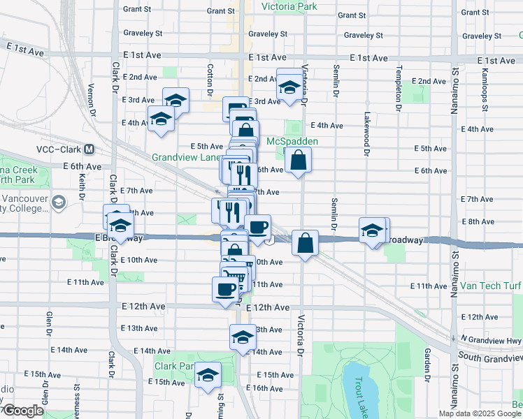 map of restaurants, bars, coffee shops, grocery stores, and more near 1757 East 8th Avenue in Vancouver