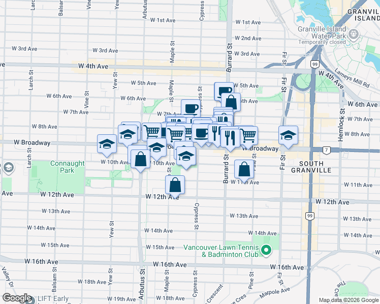 map of restaurants, bars, coffee shops, grocery stores, and more near in Vancouver