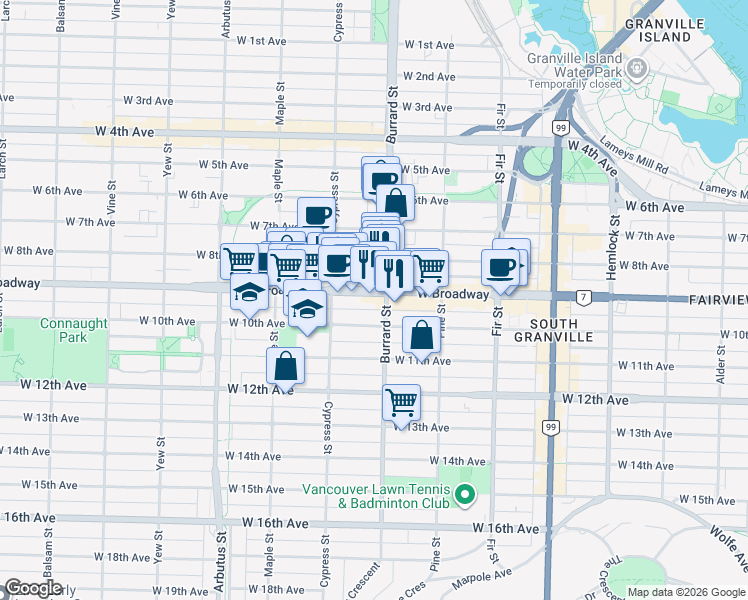 map of restaurants, bars, coffee shops, grocery stores, and more near in Vancouver