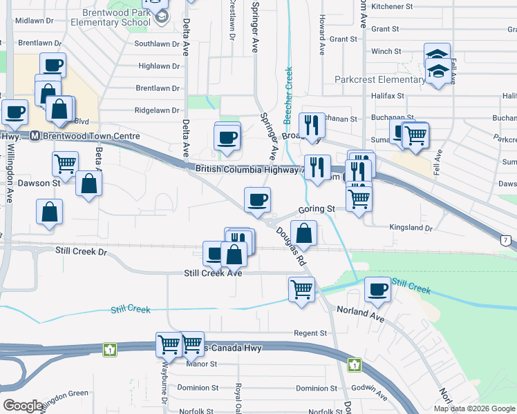map of restaurants, bars, coffee shops, grocery stores, and more near 2266 Springer Avenue in Burnaby