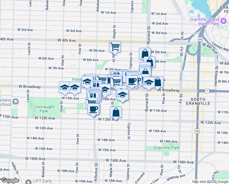 map of restaurants, bars, coffee shops, grocery stores, and more near in Vancouver