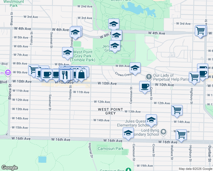 map of restaurants, bars, coffee shops, grocery stores, and more near in Vancouver