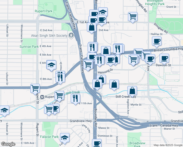 map of restaurants, bars, coffee shops, grocery stores, and more near in Vancouver