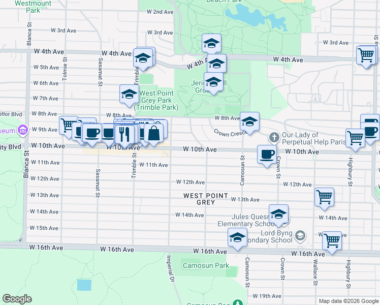 map of restaurants, bars, coffee shops, grocery stores, and more near 4248 West 10th Avenue in Vancouver