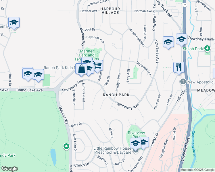 map of restaurants, bars, coffee shops, grocery stores, and more near 3005 Fleet Street in Coquitlam