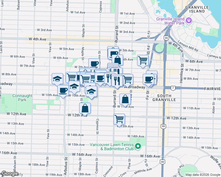 map of restaurants, bars, coffee shops, grocery stores, and more near 1822 West Broadway in Vancouver