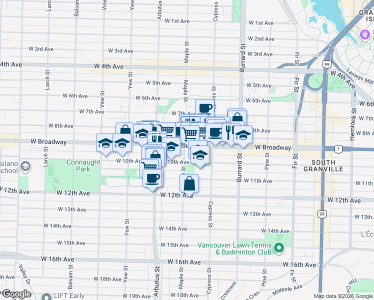 map of restaurants, bars, coffee shops, grocery stores, and more near 2528 Maple Street in Vancouver