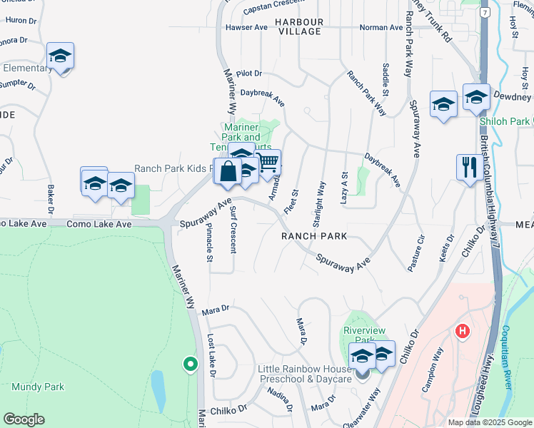 map of restaurants, bars, coffee shops, grocery stores, and more near 2820 Spuraway Avenue in Coquitlam