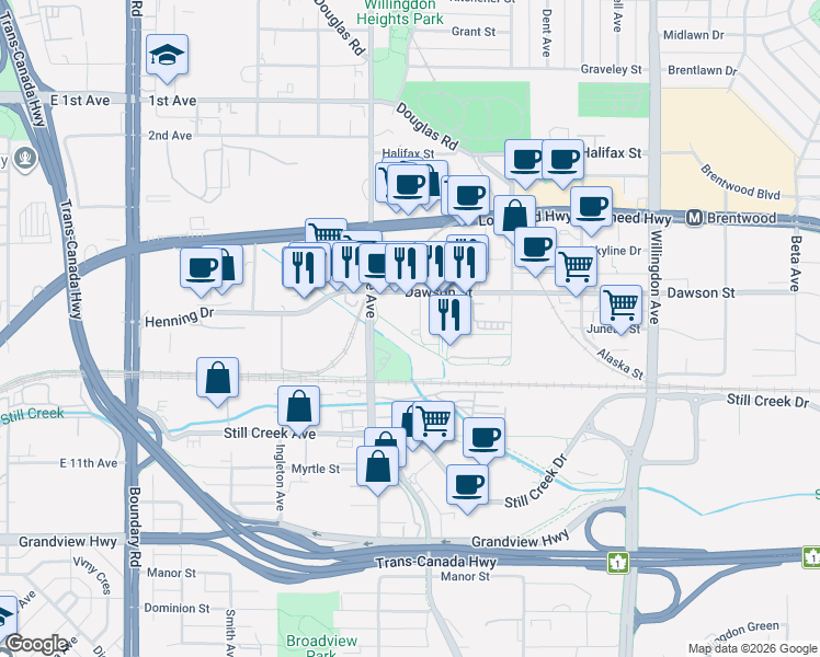 map of restaurants, bars, coffee shops, grocery stores, and more near 4178 Dawson Street in Vancouver