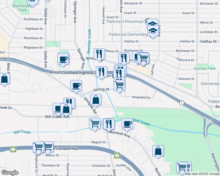map of restaurants, bars, coffee shops, grocery stores, and more near 5601 Goring Street in Burnaby