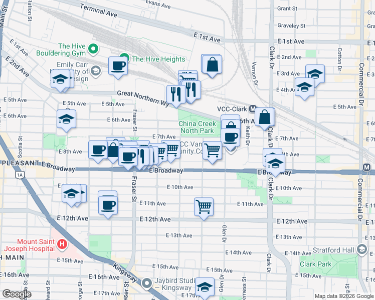 map of restaurants, bars, coffee shops, grocery stores, and more near 935 East 8th Avenue in Vancouver