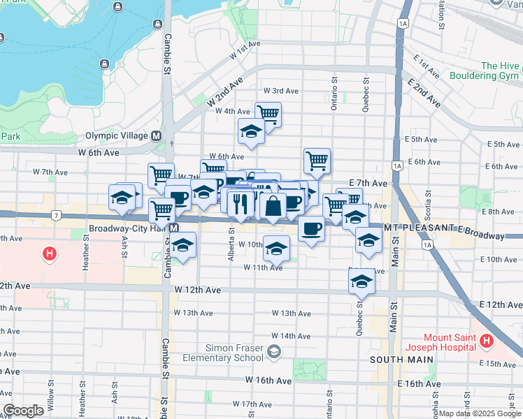 map of restaurants, bars, coffee shops, grocery stores, and more near in Vancouver