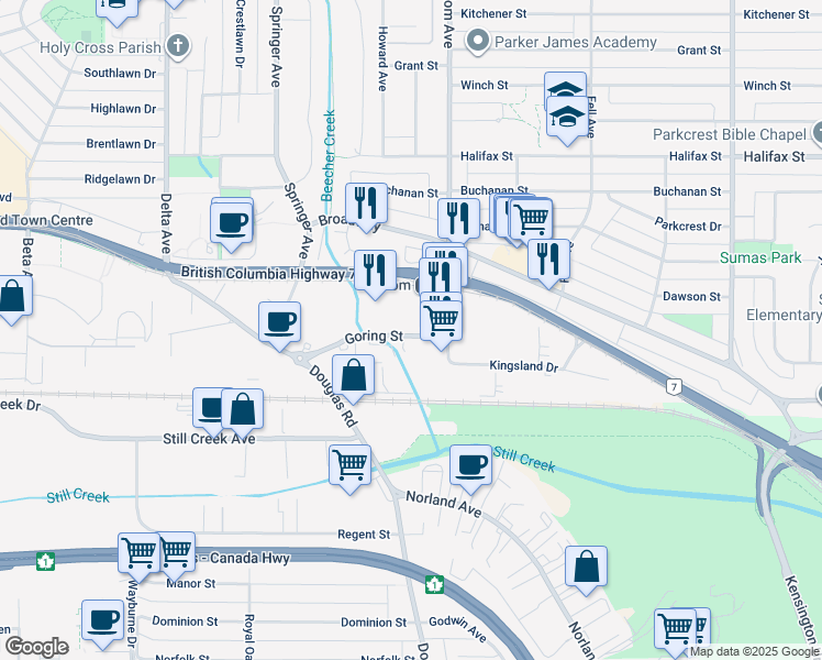 map of restaurants, bars, coffee shops, grocery stores, and more near 5611 Goring Street in Burnaby