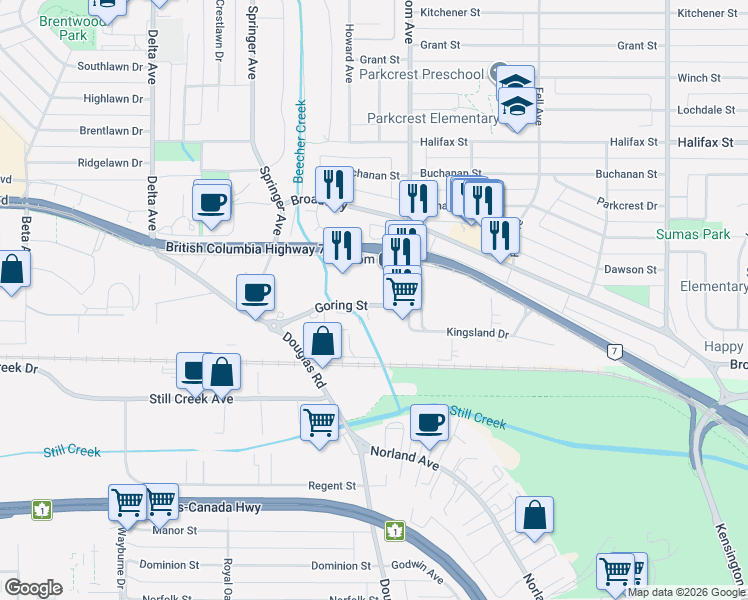 map of restaurants, bars, coffee shops, grocery stores, and more near 5662 Goring Street in Burnaby