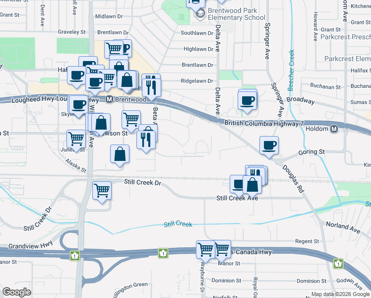 map of restaurants, bars, coffee shops, grocery stores, and more near 2289 Yukon Crescent in Burnaby