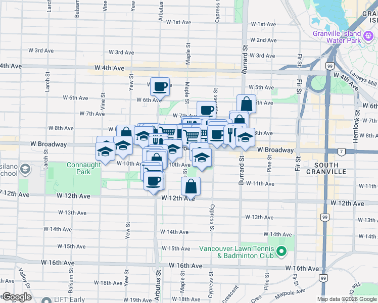 map of restaurants, bars, coffee shops, grocery stores, and more near 2502 Maple Street in Vancouver