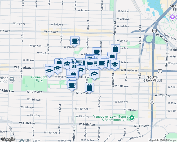 map of restaurants, bars, coffee shops, grocery stores, and more near 2502 Maple Street in Vancouver