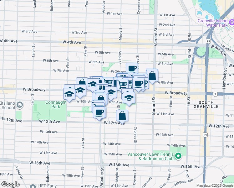 map of restaurants, bars, coffee shops, grocery stores, and more near 2507 Maple Street in Vancouver