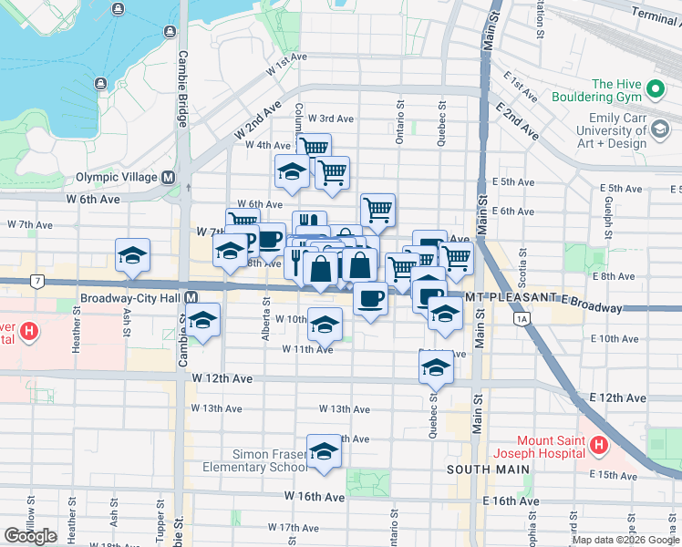 map of restaurants, bars, coffee shops, grocery stores, and more near 112 West 8th Avenue in Vancouver