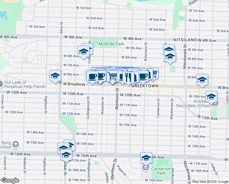 map of restaurants, bars, coffee shops, grocery stores, and more near 3315 West 10th Avenue in Vancouver