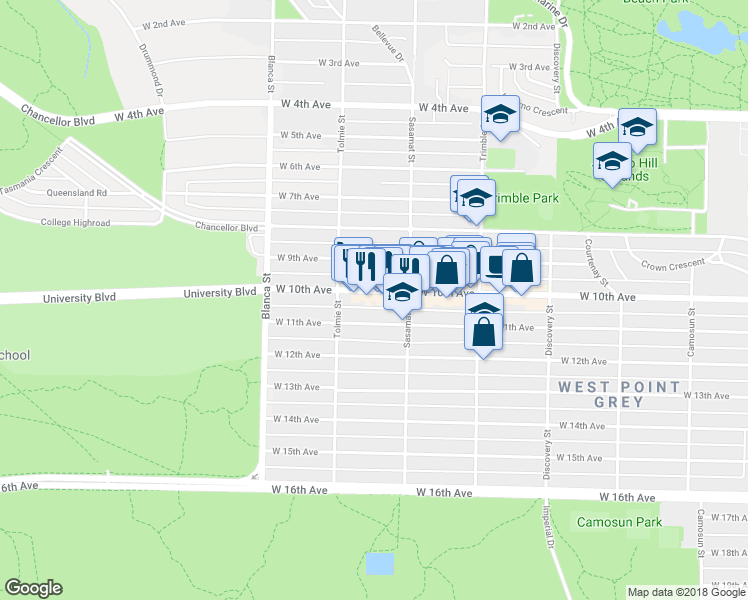 map of restaurants, bars, coffee shops, grocery stores, and more near 4548 West 10th Avenue in Vancouver