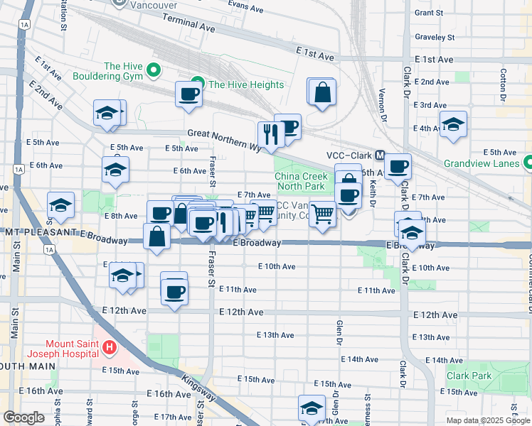 map of restaurants, bars, coffee shops, grocery stores, and more near 857 East 8th Avenue in Vancouver