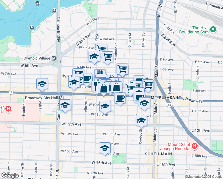 map of restaurants, bars, coffee shops, grocery stores, and more near 112 West 8th Avenue in Vancouver