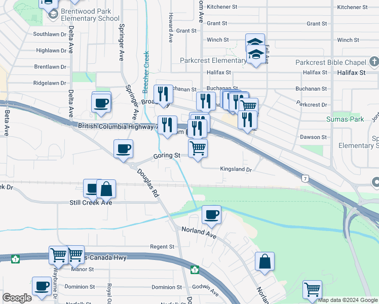 map of restaurants, bars, coffee shops, grocery stores, and more near 5662 Goring Street in Burnaby