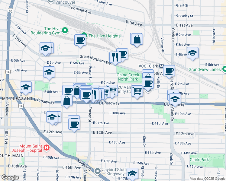 map of restaurants, bars, coffee shops, grocery stores, and more near 857 E 8 Ave in Vancouver
