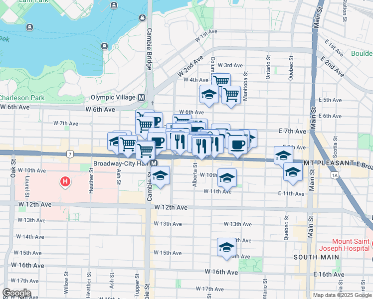 map of restaurants, bars, coffee shops, grocery stores, and more near 236 West Broadway in Vancouver
