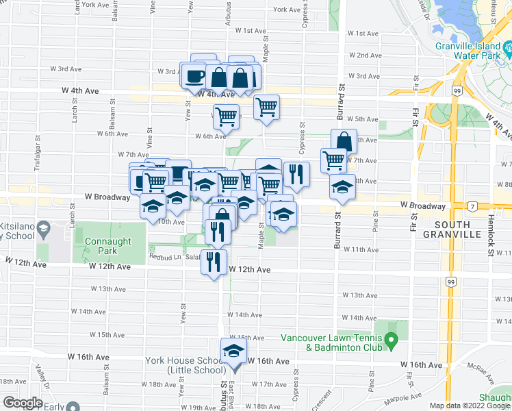 map of restaurants, bars, coffee shops, grocery stores, and more near in Vancouver