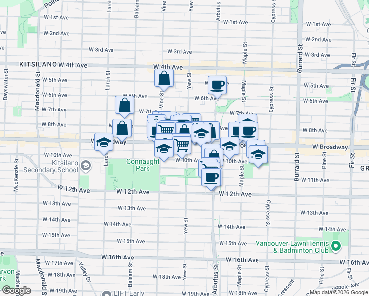 map of restaurants, bars, coffee shops, grocery stores, and more near in Vancouver