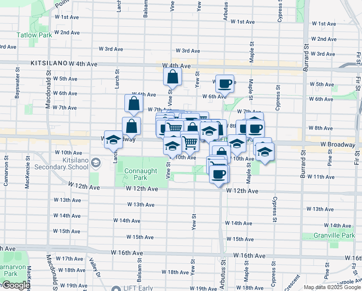 map of restaurants, bars, coffee shops, grocery stores, and more near in Vancouver
