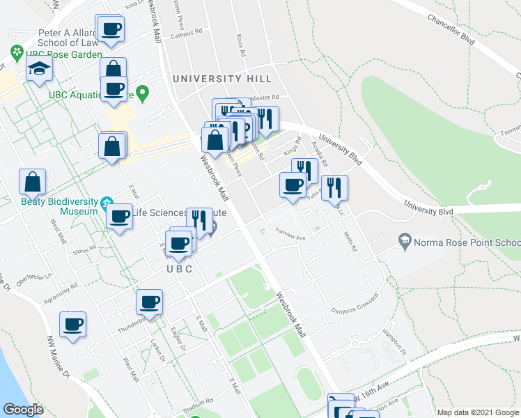 map of restaurants, bars, coffee shops, grocery stores, and more near in Vancouver