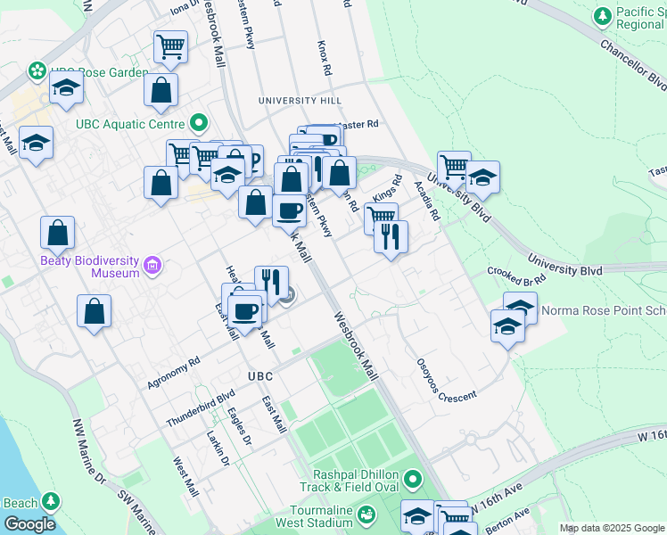 map of restaurants, bars, coffee shops, grocery stores, and more near 2280 Wesbrook Mall in Vancouver