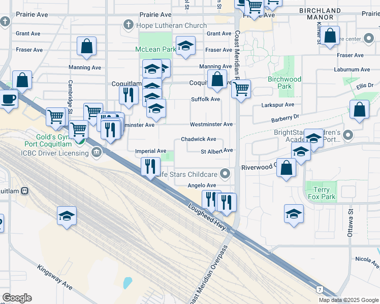 map of restaurants, bars, coffee shops, grocery stores, and more near 1648 St Albert Ave in Port Coquitlam