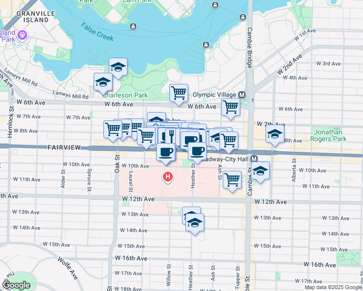 map of restaurants, bars, coffee shops, grocery stores, and more near in Vancouver