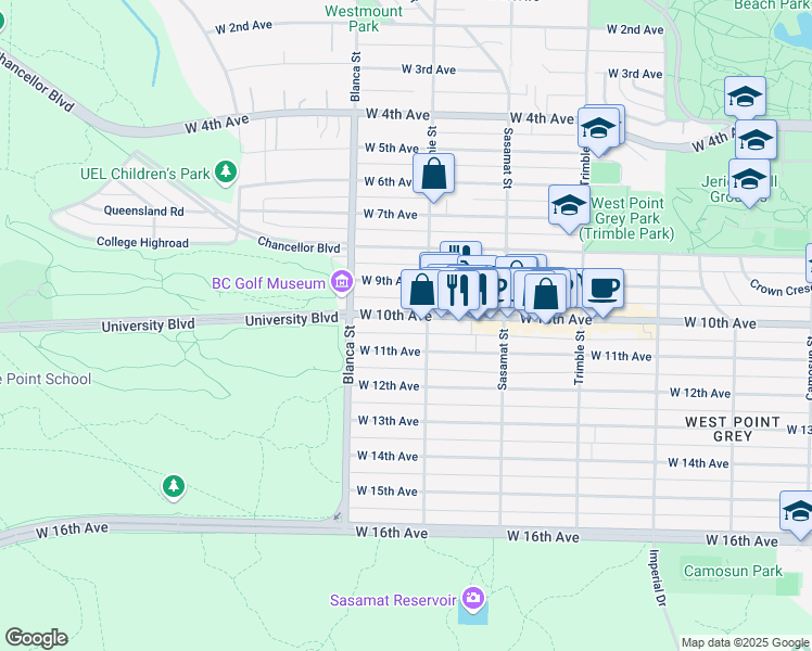 map of restaurants, bars, coffee shops, grocery stores, and more near 4620 West 10th Avenue in Vancouver