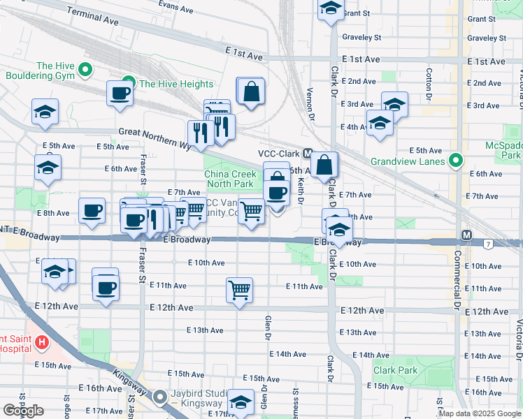 map of restaurants, bars, coffee shops, grocery stores, and more near 1065 East 8th Avenue in Vancouver