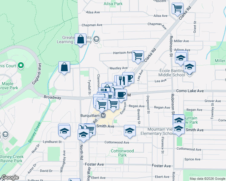 map of restaurants, bars, coffee shops, grocery stores, and more near 608 Elmwood Street in Coquitlam