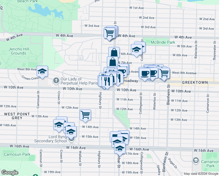 map of restaurants, bars, coffee shops, grocery stores, and more near 3727 West 10th Avenue in Vancouver