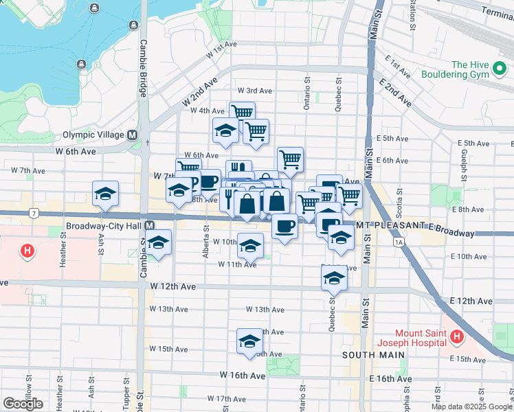 map of restaurants, bars, coffee shops, grocery stores, and more near 112 West 8th Avenue in Vancouver