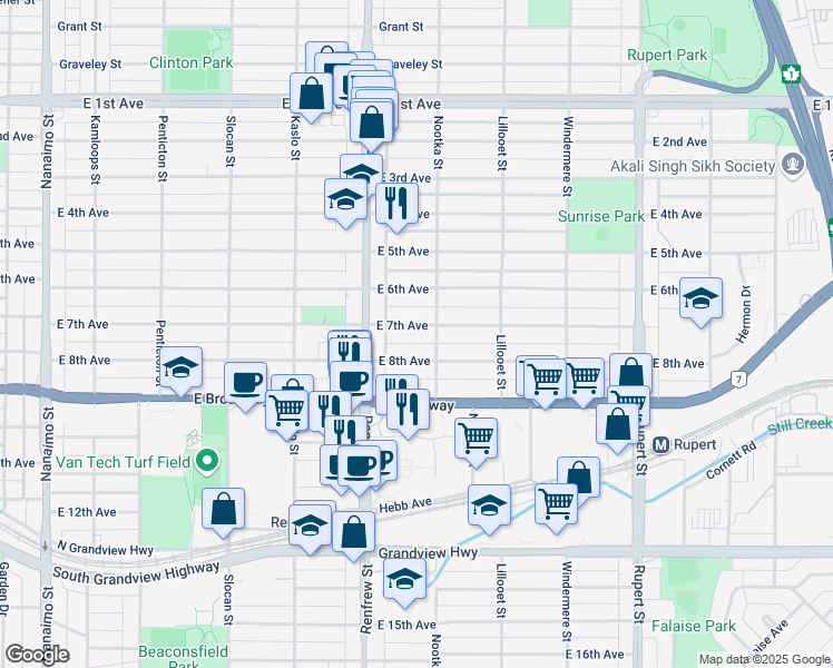 map of restaurants, bars, coffee shops, grocery stores, and more near 2972 East 7th Avenue in Vancouver